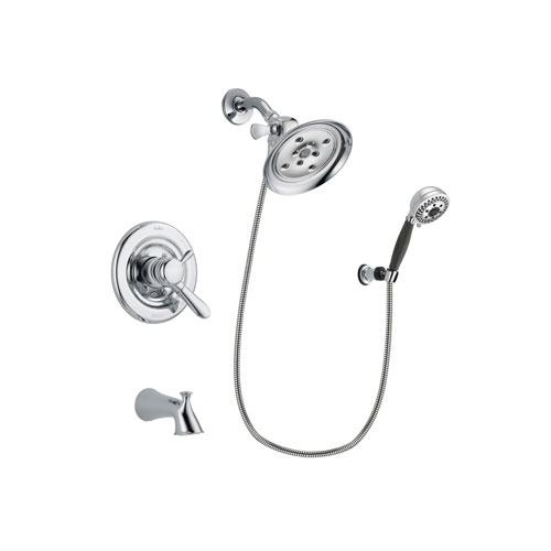 Delta Lahara Chrome Finish Dual Control Tub and Shower Faucet System Package with Large Rain Showerhead and 5-Spray Modern Handheld Shower with Wall Bracket and Hose Includes Rough-in Valve and Tub Spout DSP1193V