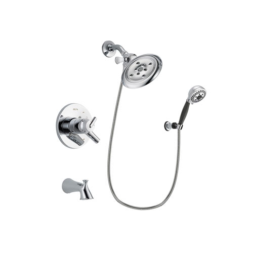 Delta Trinsic Chrome Finish Dual Control Tub and Shower Faucet System Package with Large Rain Showerhead and 5-Spray Modern Handheld Shower with Wall Bracket and Hose Includes Rough-in Valve and Tub Spout DSP1195V