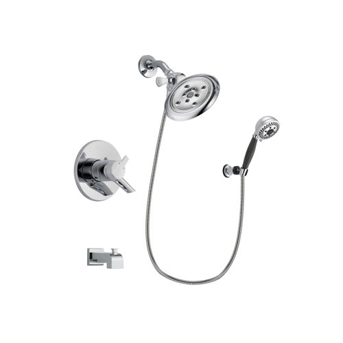 Delta Compel Chrome Finish Dual Control Tub and Shower Faucet System Package with Large Rain Showerhead and 5-Spray Modern Handheld Shower with Wall Bracket and Hose Includes Rough-in Valve and Tub Spout DSP1197V