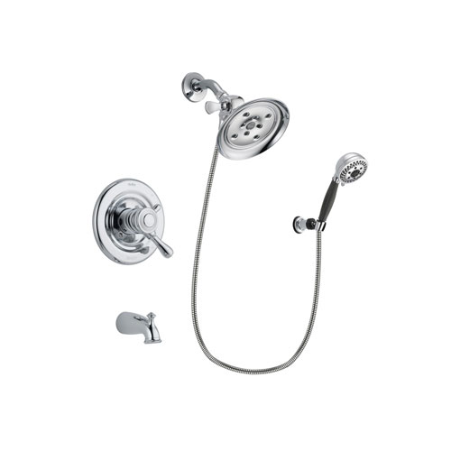 Delta Leland Chrome Finish Dual Control Tub and Shower Faucet System Package with Large Rain Showerhead and 5-Spray Modern Handheld Shower with Wall Bracket and Hose Includes Rough-in Valve and Tub Spout DSP1199V