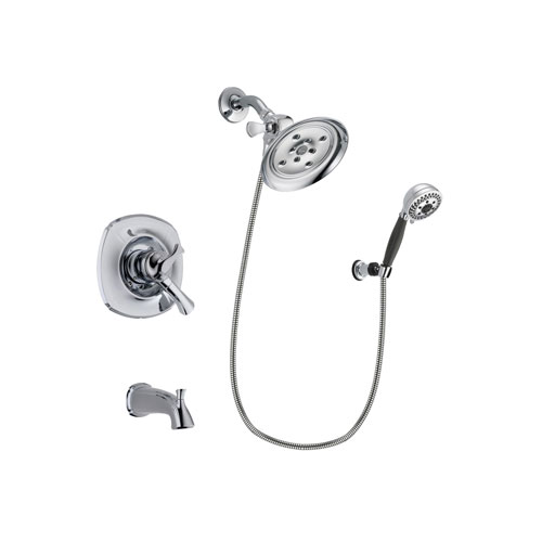 Delta Addison Chrome Finish Dual Control Tub and Shower Faucet System Package with Large Rain Showerhead and 5-Spray Modern Handheld Shower with Wall Bracket and Hose Includes Rough-in Valve and Tub Spout DSP1201V