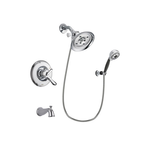 Delta Linden Chrome Finish Dual Control Tub and Shower Faucet System Package with Large Rain Showerhead and 5-Spray Modern Handheld Shower with Wall Bracket and Hose Includes Rough-in Valve and Tub Spout DSP1203V