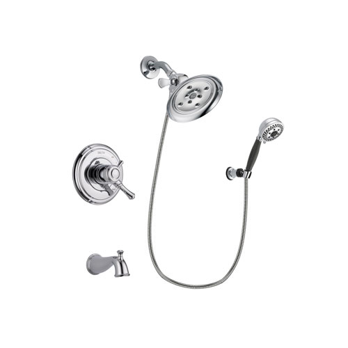 Delta Cassidy Chrome Finish Dual Control Tub and Shower Faucet System Package with Large Rain Showerhead and 5-Spray Modern Handheld Shower with Wall Bracket and Hose Includes Rough-in Valve and Tub Spout DSP1205V