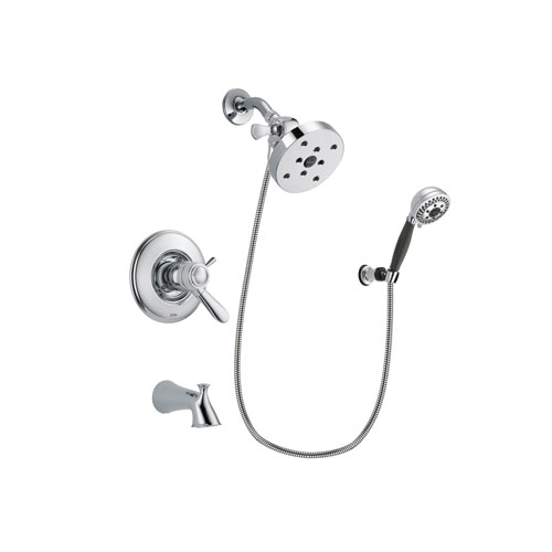 Delta Lahara Chrome Finish Thermostatic Tub and Shower Faucet System Package with 5-1/2 inch Shower Head and 5-Spray Modern Handheld Shower with Wall Bracket and Hose Includes Rough-in Valve and Tub Spout DSP1207V