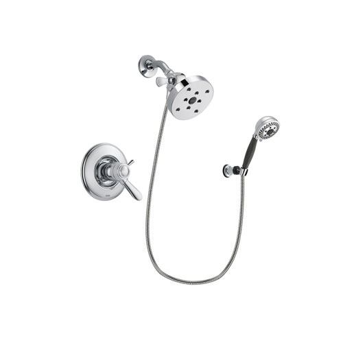 Delta Lahara Chrome Finish Thermostatic Shower Faucet System Package with 5-1/2 inch Shower Head and 5-Spray Modern Handheld Shower with Wall Bracket and Hose Includes Rough-in Valve DSP1208V