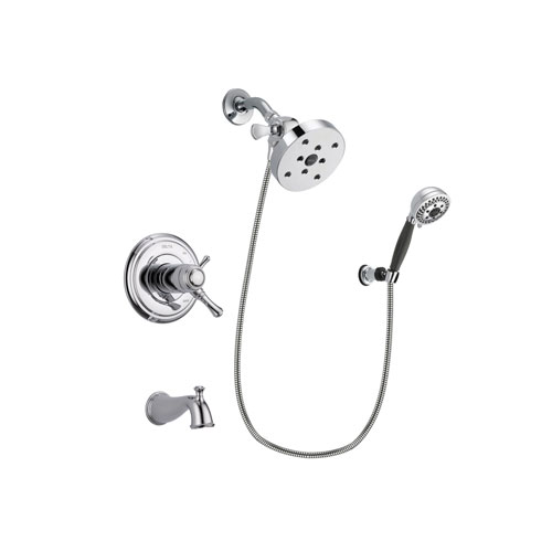 Delta Cassidy Chrome Finish Thermostatic Tub and Shower Faucet System Package with 5-1/2 inch Shower Head and 5-Spray Modern Handheld Shower with Wall Bracket and Hose Includes Rough-in Valve and Tub Spout DSP1215V
