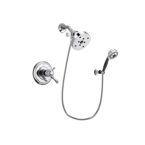 Delta Cassidy Chrome Finish Thermostatic Shower Faucet System Package with 5-1/2 inch Shower Head and 5-Spray Modern Handheld Shower with Wall Bracket and Hose Includes Rough-in Valve DSP1216V