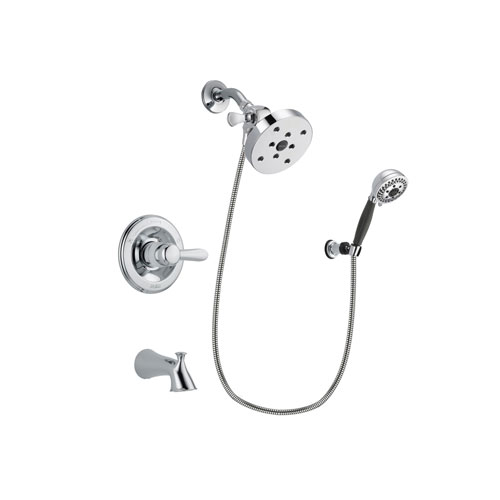 Delta Lahara Chrome Finish Tub and Shower Faucet System Package with 5-1/2 inch Shower Head and 5-Spray Modern Handheld Shower with Wall Bracket and Hose Includes Rough-in Valve and Tub Spout DSP1217V