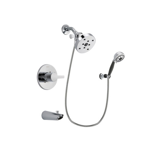 Delta Compel Chrome Finish Tub and Shower Faucet System Package with 5-1/2 inch Shower Head and 5-Spray Modern Handheld Shower with Wall Bracket and Hose Includes Rough-in Valve and Tub Spout DSP1221V