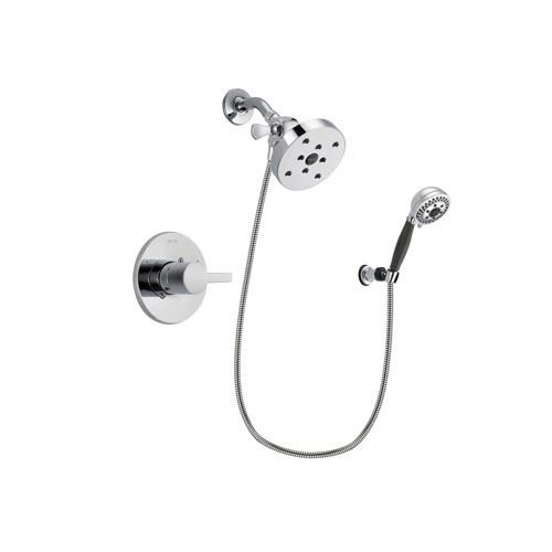Delta Compel Chrome Finish Shower Faucet System Package with 5-1/2 inch Shower Head and 5-Spray Modern Handheld Shower with Wall Bracket and Hose Includes Rough-in Valve DSP1222V