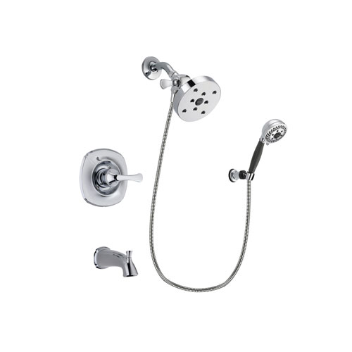 Delta Addison Chrome Finish Tub and Shower Faucet System Package with 5-1/2 inch Shower Head and 5-Spray Modern Handheld Shower with Wall Bracket and Hose Includes Rough-in Valve and Tub Spout DSP1223V