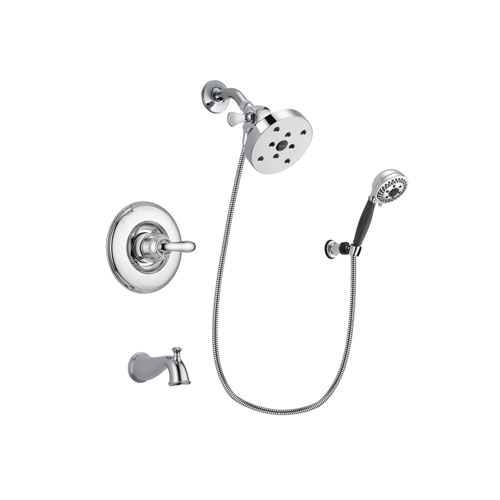 Delta Linden Chrome Finish Tub and Shower Faucet System Package with 5-1/2 inch Shower Head and 5-Spray Modern Handheld Shower with Wall Bracket and Hose Includes Rough-in Valve and Tub Spout DSP1225V