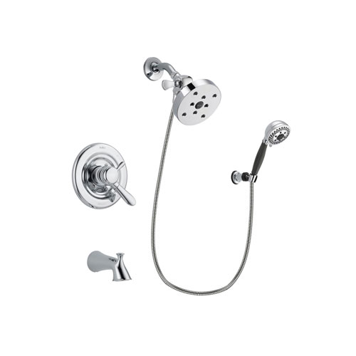 Delta Lahara Chrome Finish Dual Control Tub and Shower Faucet System Package with 5-1/2 inch Shower Head and 5-Spray Modern Handheld Shower with Wall Bracket and Hose Includes Rough-in Valve and Tub Spout DSP1227V
