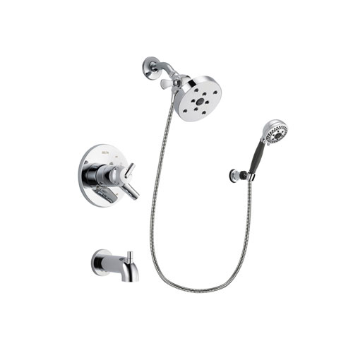 Delta Trinsic Chrome Finish Dual Control Tub and Shower Faucet System Package with 5-1/2 inch Shower Head and 5-Spray Modern Handheld Shower with Wall Bracket and Hose Includes Rough-in Valve and Tub Spout DSP1229V
