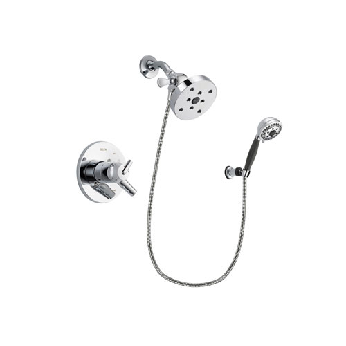 Delta Trinsic Chrome Finish Dual Control Shower Faucet System Package with 5-1/2 inch Shower Head and 5-Spray Modern Handheld Shower with Wall Bracket and Hose Includes Rough-in Valve DSP1230V