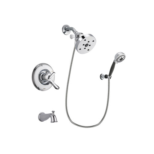 Delta Linden Chrome Finish Dual Control Tub and Shower Faucet System Package with 5-1/2 inch Shower Head and 5-Spray Modern Handheld Shower with Wall Bracket and Hose Includes Rough-in Valve and Tub Spout DSP1237V