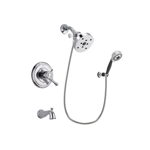 Delta Cassidy Chrome Finish Dual Control Tub and Shower Faucet System Package with 5-1/2 inch Shower Head and 5-Spray Modern Handheld Shower with Wall Bracket and Hose Includes Rough-in Valve and Tub Spout DSP1239V