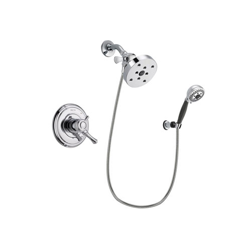 Delta Cassidy Chrome Finish Dual Control Shower Faucet System Package with 5-1/2 inch Shower Head and 5-Spray Modern Handheld Shower with Wall Bracket and Hose Includes Rough-in Valve DSP1240V