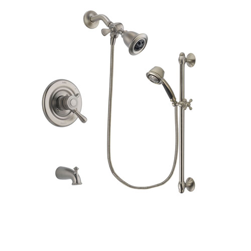 Delta Leland Stainless Steel Finish Dual Control Tub and Shower Faucet System Package with Water Efficient Showerhead and 5-Spray Personal Handshower with Slide Bar Includes Rough-in Valve and Tub Spout DSP1301V