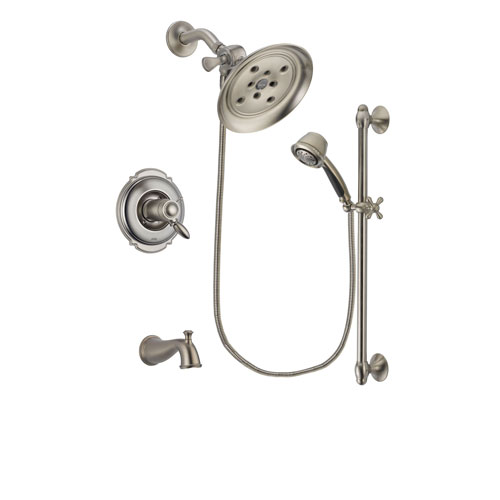 Delta Victorian Stainless Steel Finish Thermostatic Tub and Shower Faucet System Package with Large Rain Showerhead and 5-Spray Personal Handshower with Slide Bar Includes Rough-in Valve and Tub Spout DSP1311V