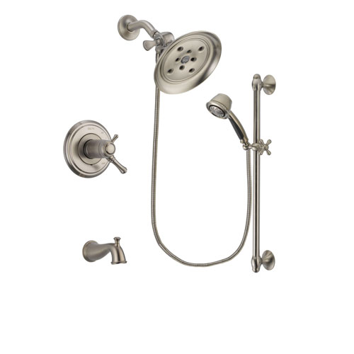 Delta Cassidy Stainless Steel Finish Thermostatic Tub and Shower Faucet System Package with Large Rain Showerhead and 5-Spray Personal Handshower with Slide Bar Includes Rough-in Valve and Tub Spout DSP1317V