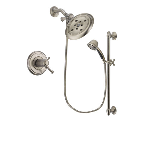 Delta Cassidy Stainless Steel Finish Thermostatic Shower Faucet System Package with Large Rain Showerhead and 5-Spray Personal Handshower with Slide Bar Includes Rough-in Valve DSP1318V