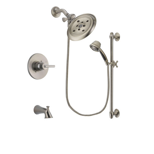 Delta Trinsic Stainless Steel Finish Tub and Shower Faucet System Package with Large Rain Showerhead and 5-Spray Personal Handshower with Slide Bar Includes Rough-in Valve and Tub Spout DSP1321V