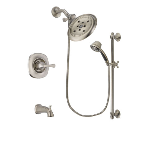 Delta Addison Stainless Steel Finish Tub and Shower Faucet System Package with Large Rain Showerhead and 5-Spray Personal Handshower with Slide Bar Includes Rough-in Valve and Tub Spout DSP1325V
