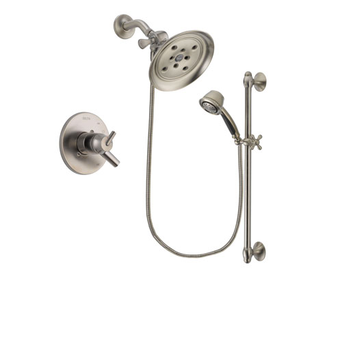 Delta Trinsic Stainless Steel Finish Dual Control Shower Faucet System Package with Large Rain Showerhead and 5-Spray Personal Handshower with Slide Bar Includes Rough-in Valve DSP1332V