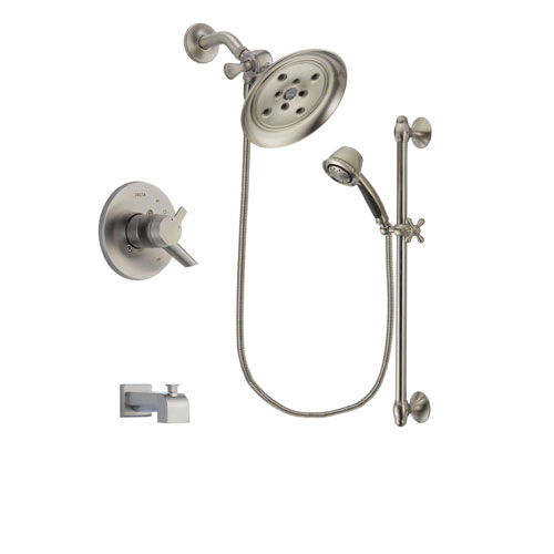 Delta Compel Stainless Steel Finish Dual Control Tub and Shower Faucet System Package with Large Rain Showerhead and 5-Spray Personal Handshower with Slide Bar Includes Rough-in Valve and Tub Spout DSP1333V