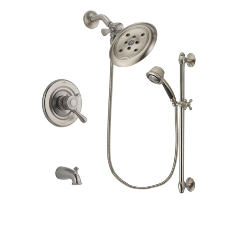 Delta Leland Stainless Steel Finish Dual Control Tub and Shower Faucet System Package with Large Rain Showerhead and 5-Spray Personal Handshower with Slide Bar Includes Rough-in Valve and Tub Spout DSP1335V