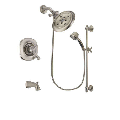 Delta Addison Stainless Steel Finish Dual Control Tub and Shower Faucet System Package with Large Rain Showerhead and 5-Spray Personal Handshower with Slide Bar Includes Rough-in Valve and Tub Spout DSP1337V