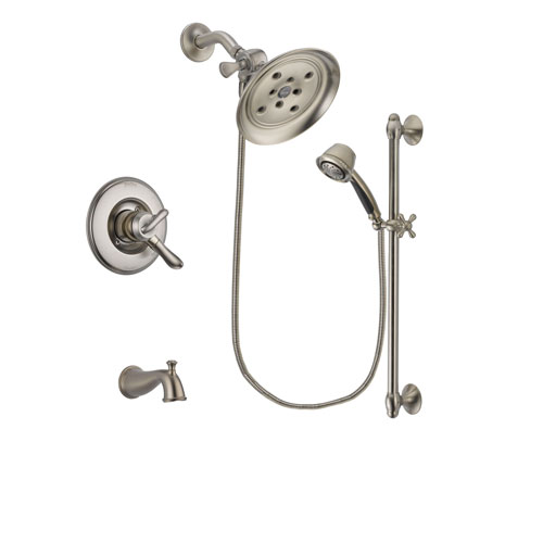 Delta Linden Stainless Steel Finish Dual Control Tub and Shower Faucet System Package with Large Rain Showerhead and 5-Spray Personal Handshower with Slide Bar Includes Rough-in Valve and Tub Spout DSP1339V