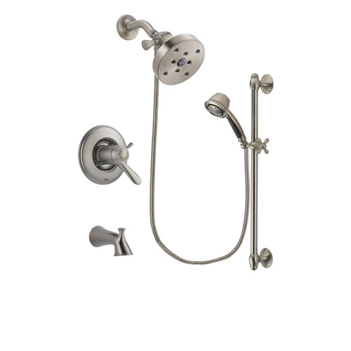 Delta Lahara Stainless Steel Finish Thermostatic Tub and Shower Faucet System Package with 5-1/2 inch Shower Head and 5-Spray Personal Handshower with Slide Bar Includes Rough-in Valve and Tub Spout DSP1343V