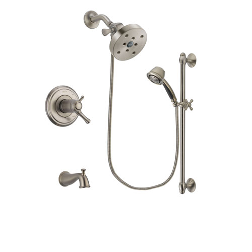 Delta Cassidy Stainless Steel Finish Thermostatic Tub and Shower Faucet System Package with 5-1/2 inch Shower Head and 5-Spray Personal Handshower with Slide Bar Includes Rough-in Valve and Tub Spout DSP1351V