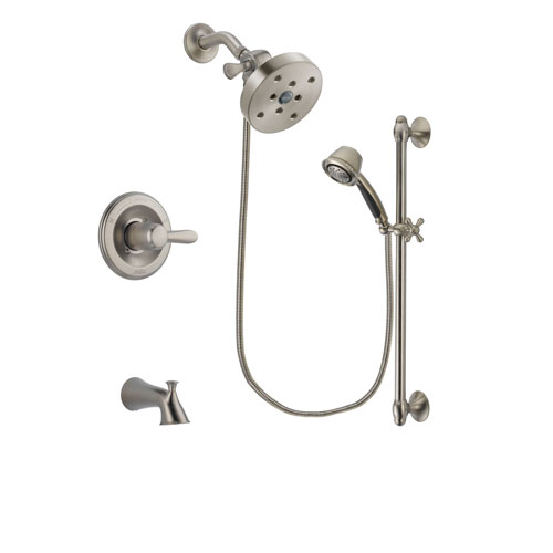 Delta Lahara Stainless Steel Finish Tub and Shower Faucet System Package with 5-1/2 inch Shower Head and 5-Spray Personal Handshower with Slide Bar Includes Rough-in Valve and Tub Spout DSP1353V