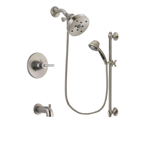 Delta Trinsic Stainless Steel Finish Tub and Shower Faucet System Package with 5-1/2 inch Shower Head and 5-Spray Personal Handshower with Slide Bar Includes Rough-in Valve and Tub Spout DSP1355V