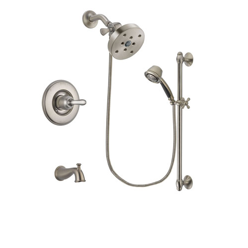 Delta Linden Stainless Steel Finish Tub and Shower Faucet System Package with 5-1/2 inch Shower Head and 5-Spray Personal Handshower with Slide Bar Includes Rough-in Valve and Tub Spout DSP1361V