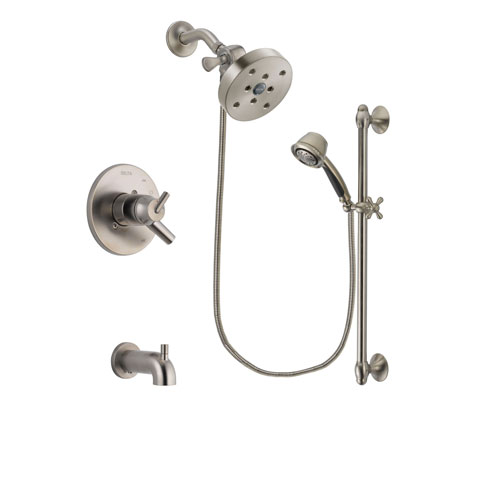 Delta Trinsic Stainless Steel Finish Dual Control Tub and Shower Faucet System Package with 5-1/2 inch Shower Head and 5-Spray Personal Handshower with Slide Bar Includes Rough-in Valve and Tub Spout DSP1365V