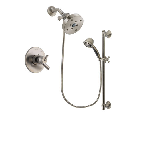 Delta Trinsic Stainless Steel Finish Dual Control Shower Faucet System Package with 5-1/2 inch Shower Head and 5-Spray Personal Handshower with Slide Bar Includes Rough-in Valve DSP1366V