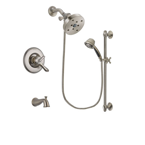 Delta Linden Stainless Steel Finish Dual Control Tub and Shower Faucet System Package with 5-1/2 inch Shower Head and 5-Spray Personal Handshower with Slide Bar Includes Rough-in Valve and Tub Spout DSP1373V