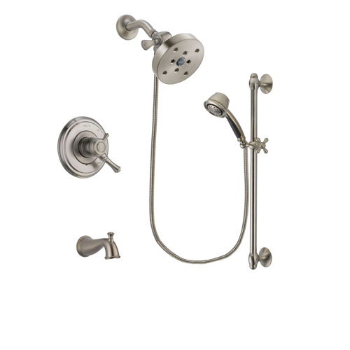 Delta Cassidy Stainless Steel Finish Dual Control Tub and Shower Faucet System Package with 5-1/2 inch Shower Head and 5-Spray Personal Handshower with Slide Bar Includes Rough-in Valve and Tub Spout DSP1375V