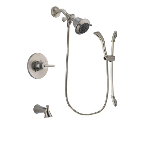Delta Trinsic Stainless Steel Finish Tub and Shower Faucet System Package with Shower Head and Handshower with Slide Bar Includes Rough-in Valve and Tub Spout DSP1389V