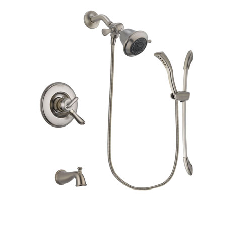 Delta Linden Stainless Steel Finish Dual Control Tub and Shower Faucet System Package with Shower Head and Handshower with Slide Bar Includes Rough-in Valve and Tub Spout DSP1407V