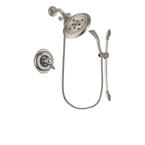 Delta Victorian Stainless Steel Finish Thermostatic Shower Faucet System Package with Large Rain Showerhead and Handshower with Slide Bar Includes Rough-in Valve DSP1448V
