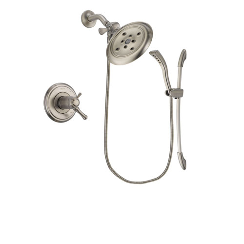 Delta Cassidy Stainless Steel Finish Thermostatic Shower Faucet System Package with Large Rain Showerhead and Handshower with Slide Bar Includes Rough-in Valve DSP1454V