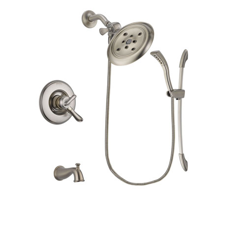Delta Linden Stainless Steel Finish Dual Control Tub and Shower Faucet System Package with Large Rain Showerhead and Handshower with Slide Bar Includes Rough-in Valve and Tub Spout DSP1475V