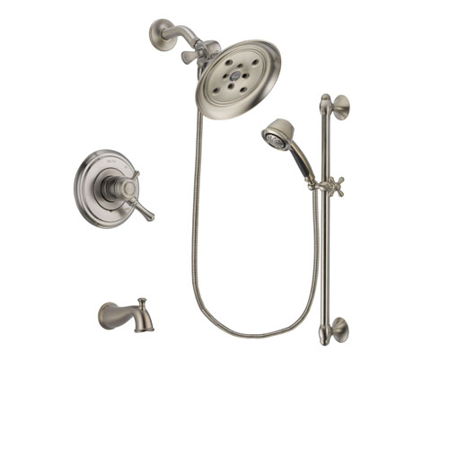 Delta Cassidy Stainless Steel Finish Dual Control Tub and Shower Faucet System Package with Large Rain Showerhead and Handshower with Slide Bar Includes Rough-in Valve and Tub Spout DSP1477V