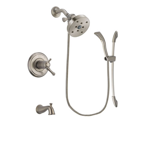 Delta Cassidy Stainless Steel Finish Thermostatic Tub and Shower Faucet System Package with 5-1/2 inch Shower Head and Handshower with Slide Bar Includes Rough-in Valve and Tub Spout DSP1487V