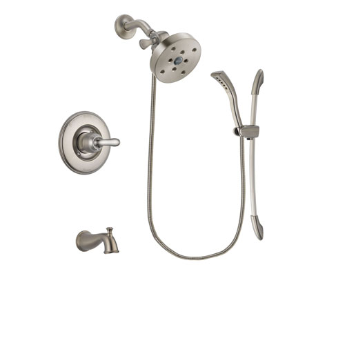 Delta Linden Stainless Steel Finish Tub and Shower Faucet System Package with 5-1/2 inch Shower Head and Handshower with Slide Bar Includes Rough-in Valve and Tub Spout DSP1497V